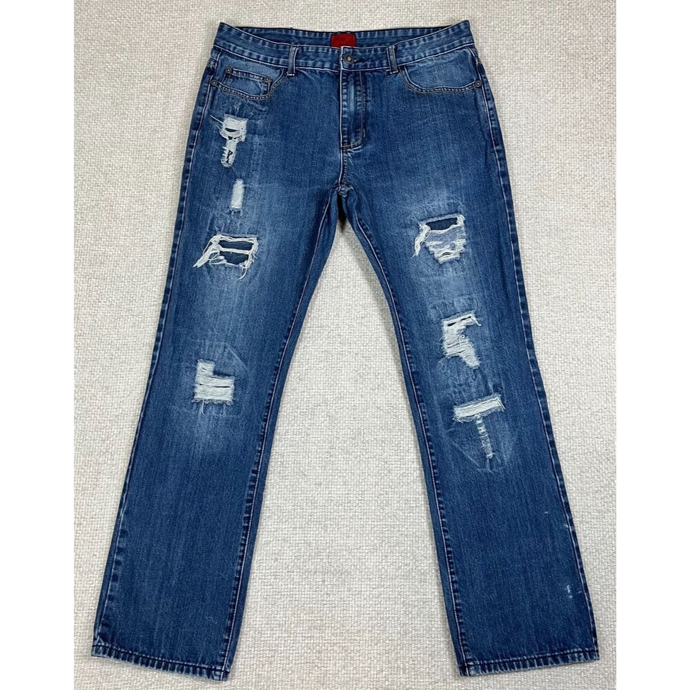Patron Cito Jeans Men's 36x32 Straight Leg Blue Denim Distressed Logo